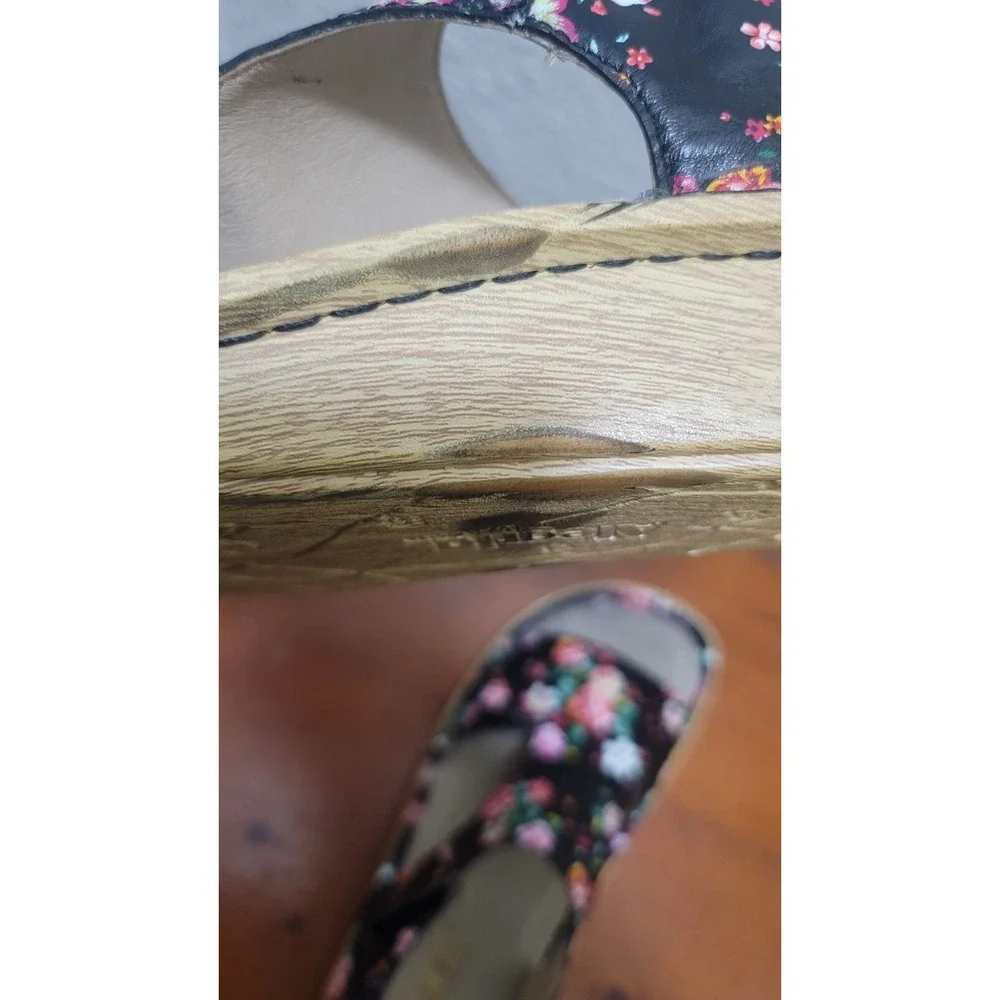 Alegria VIK-169 Floral Leather Sandals Womens 40 Black Slingback Comfort‎ Wedge